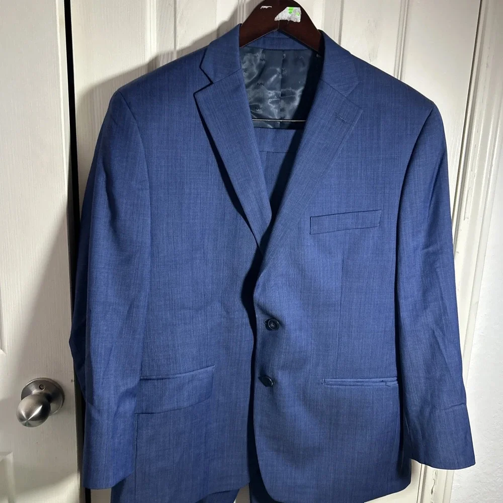 Michael Kors Mens Classic Fit Plaid Stretch Wool Blend Suit Blue 42S 36